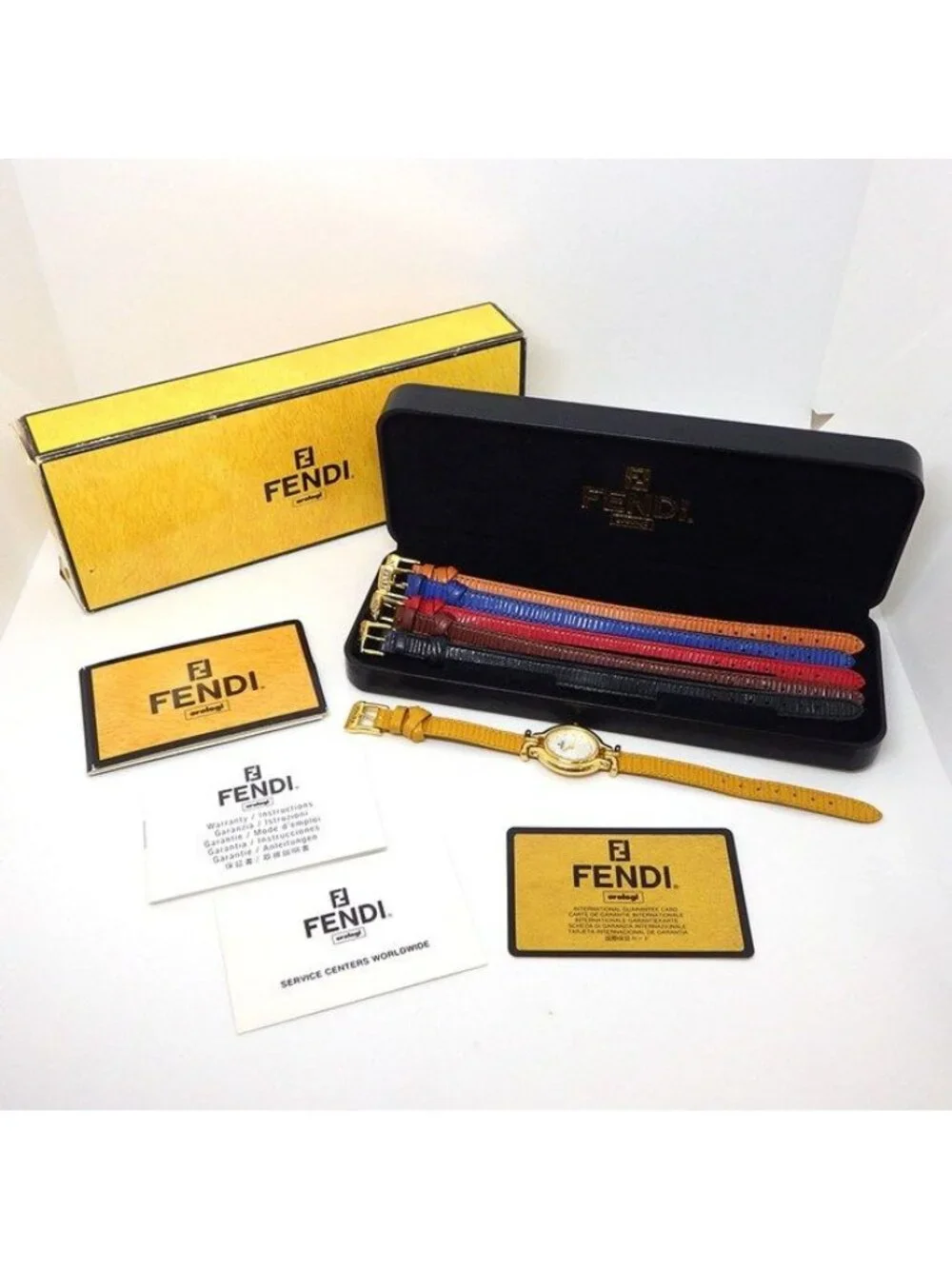 Fendi Watch Chameleon Change Oval Silver Guilloche Dial Yellow Calf Leather